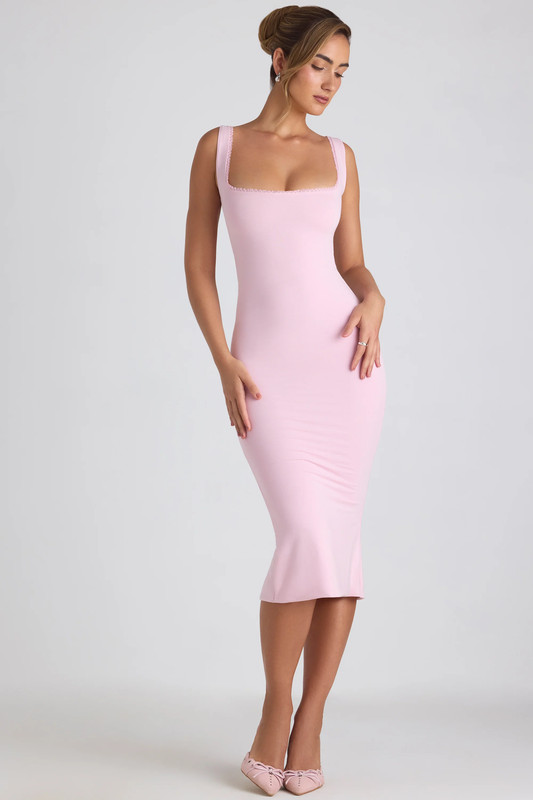 Modal Lace-Trim Midaxi Dress in Soft Pink - UK Size:10
